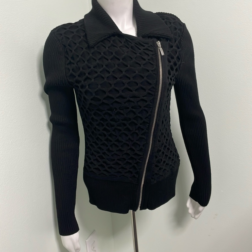 White House Black Market BLACK honeycomb zipper sweater small NEW